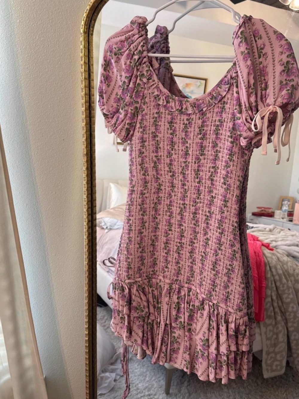 LoveShackFancy Pink Floral Smocked Mini Dress with Puff Sleeves